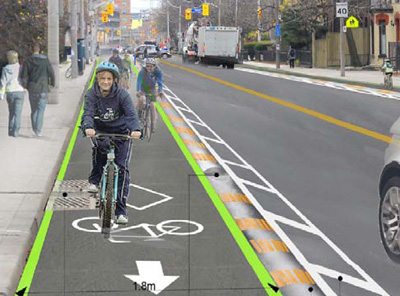 Rendering of proposed Sherbourne St. bike lane with mountable curb