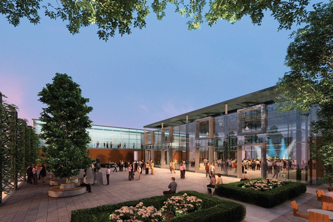 Proposed Founders’ Courtyard, looking toward library, left, with community space at right.