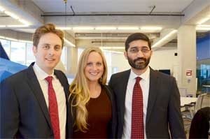 Ryerson University's MBA students take first place and the People's Choice Award in the Real Vision Investment Case Competition hosted by The Economist's Which MBA? division - a first for a Canadian university. Ryerson MBA team [left to right]: Jesse Berger, Krysten Connely and Saad Rahman. Photo credit: Ted Rogers School of Management